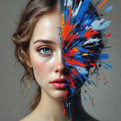 The primary subject of the image is a woman with a blue eye. She is the main focus of the image. The setting is a room with a wall, and the visual style is a combination of a photo and digital art. The colors and mood of the image are vibrant and lively, with the woman's blue eye standing out against the colorful background.